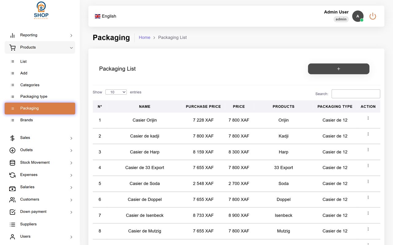 Tableau de bord Sales Manager affichant la liste des produits et le suivi du stock